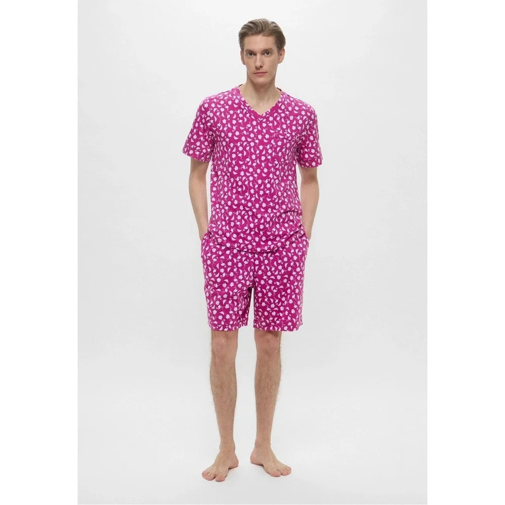 Cosabella Mens Pink Flamingo Seashell Print Pajama Set V-Neck Top Shorts NEW